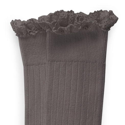 Collegien / Josephine Lace-Trim Ribbed Knee-high Socks - Pebble Gray