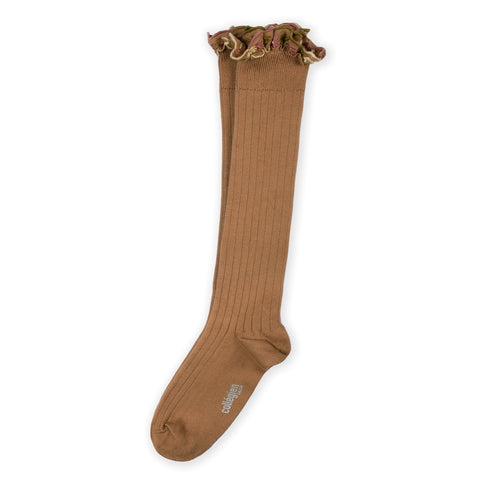 Collegien/Eglantine Chaussettes hautes avec volant brode fleurs - Caramel au Beurre Sale