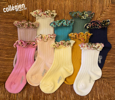 Collegien/Anemone Embroidered Ruffle Ribbed Ankle Socks - Nuit Etoilee