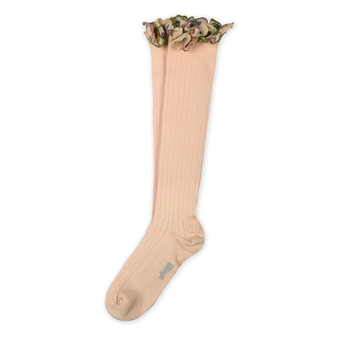 Collegien/Eglantine Chaussettes hautes avec volant brode fleurs - Sorbet