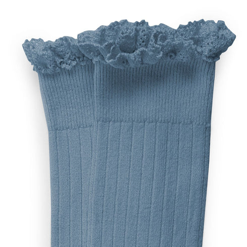 Collegien / Josephine Lace-Trim Ribbed Knee-high Socks - Bleu Azur