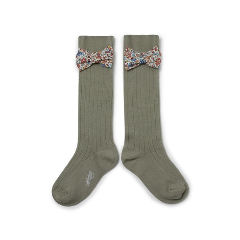 Collegien/Mathilde Ribbed Knee-high Socks with Liberty Bow - Sauge