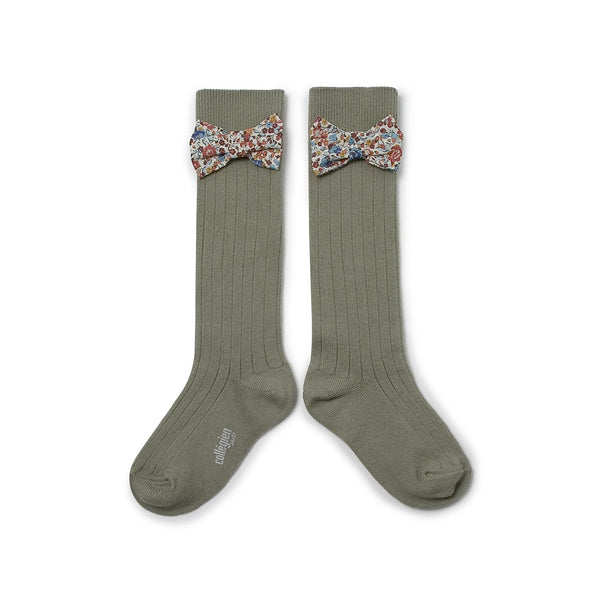 Collegien/Mathilde Ribbed Knee-high Socks with Liberty Bow - Sauge