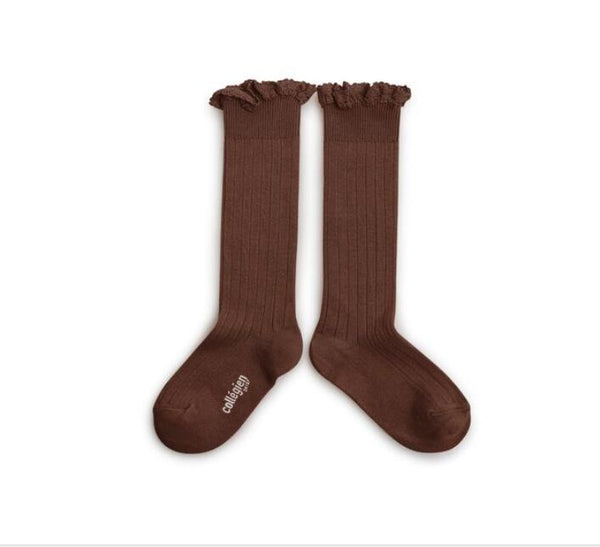 Collegien / Josephine Lace-Trim Ribbed Knee-high Socks - Chocolat au Lait
