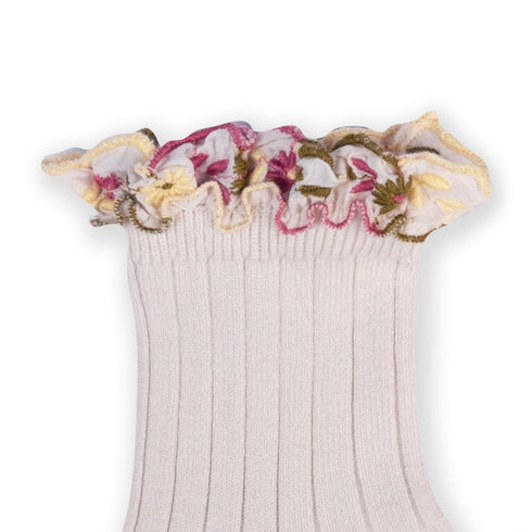Collegien/Anemone Embroidered Ruffle Ribbed Ankle Socks - Blanc Neige
