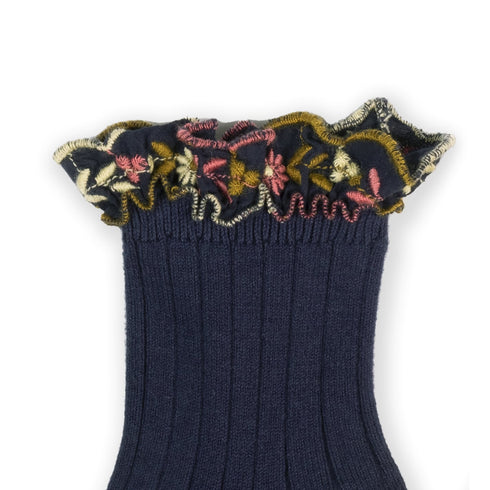 Collegien/Anemone Embroidered Ruffle Ribbed Ankle Socks - Nuit Etoilee