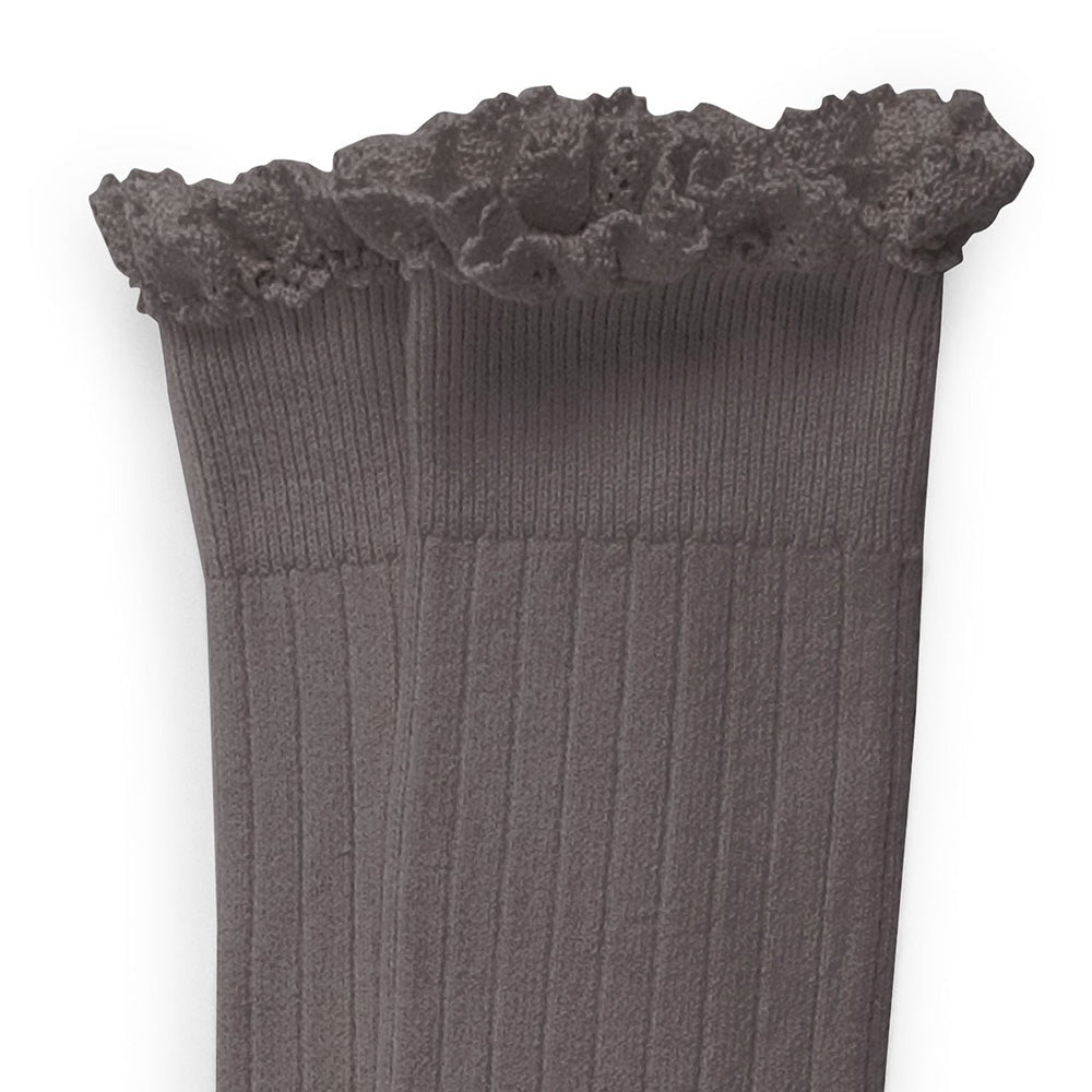 Collegien / Jos?phine Lace-Trim Ribbed Knee-high Socks - Pebble Gray