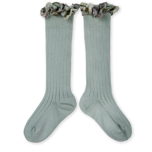 Collegien/Eglantine Chaussettes hautes avec volant brod? fleurs - Aigue Marine