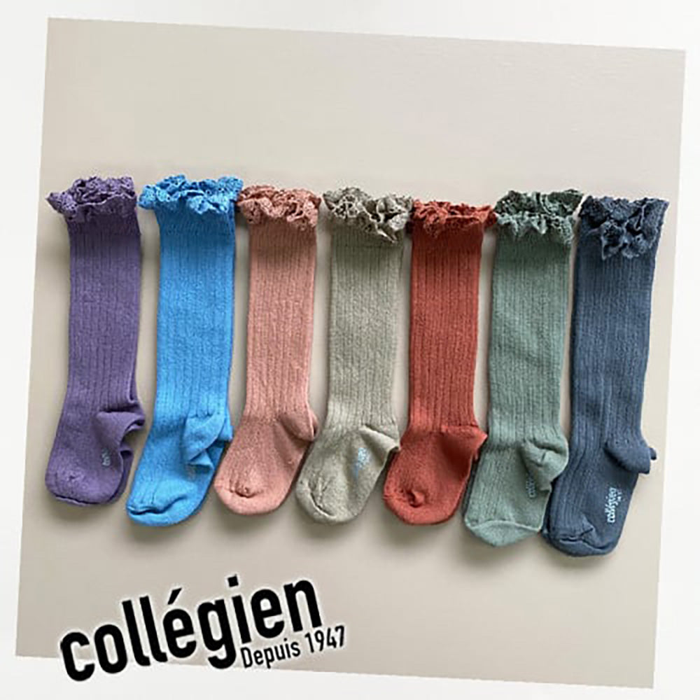 Collegien / Jos?phine Lace-Trim Ribbed Knee-high Socks - Bleu Azur