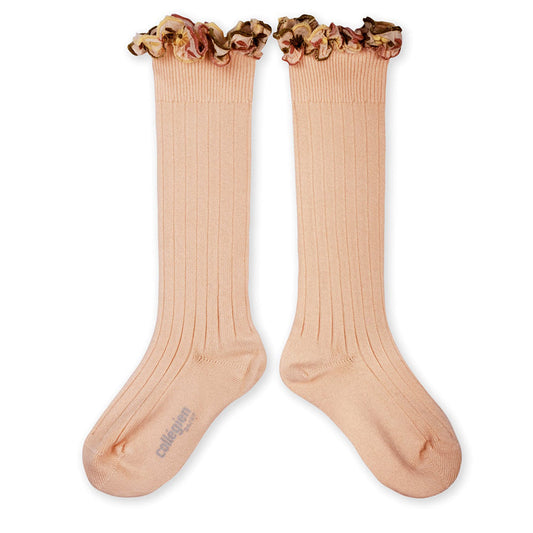 Collegien/Eglantine Chaussettes hautes avec volant brod? fleurs - Sorbet