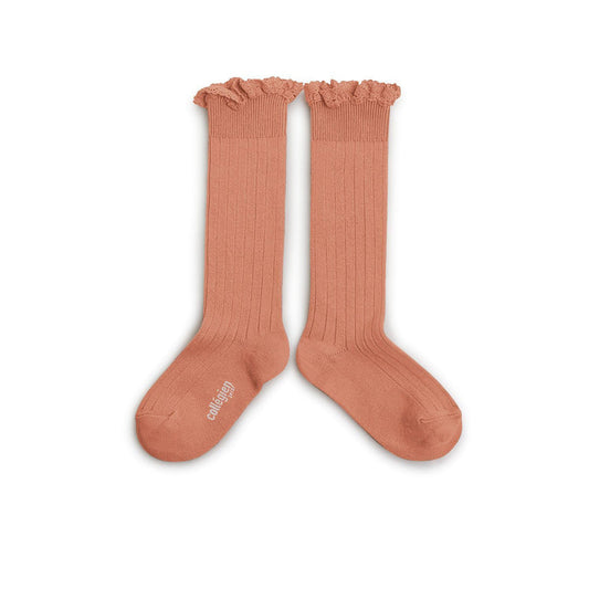 Collegien / Jos?phine Lace-Trim Ribbed Knee-high Socks - Rosewood