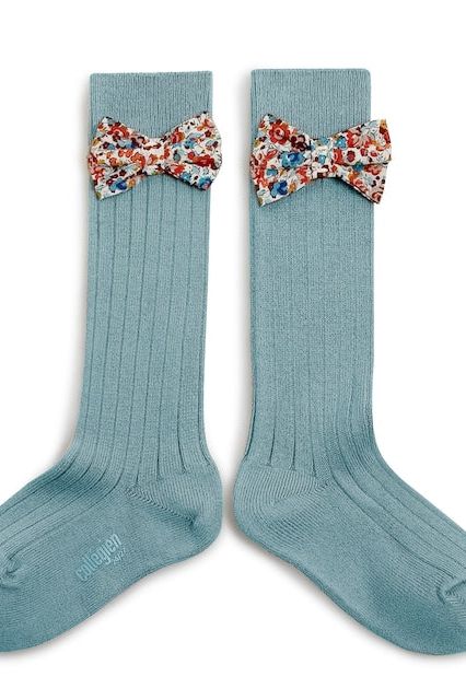 Collegien/Mathilde Ribbed Knee-high Socks with Liberty Bow - Bleu Azur