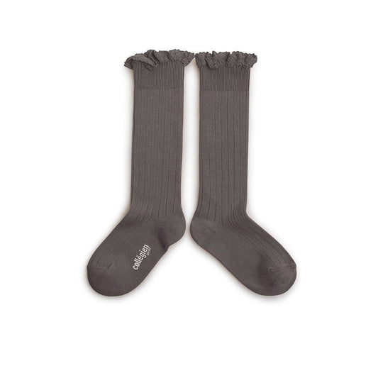 Collegien / Jos?phine Lace-Trim Ribbed Knee-high Socks - Pebble Gray