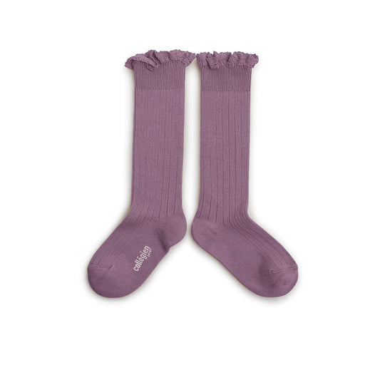 Collegien / Josephine Lace-Trim Ribbed Knee-high Socks - Glycine du Japon