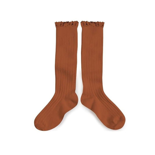 Collegien / Josephine Lace-Trim Ribbed Knee-high Socks - Gingerbread