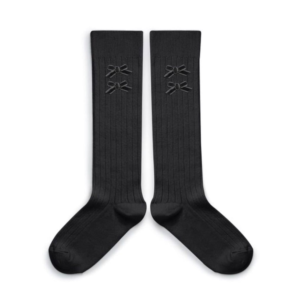 Collegien / Hortense Ribbed Knee-high Socks Velvet Bows - Pierre de Volvic