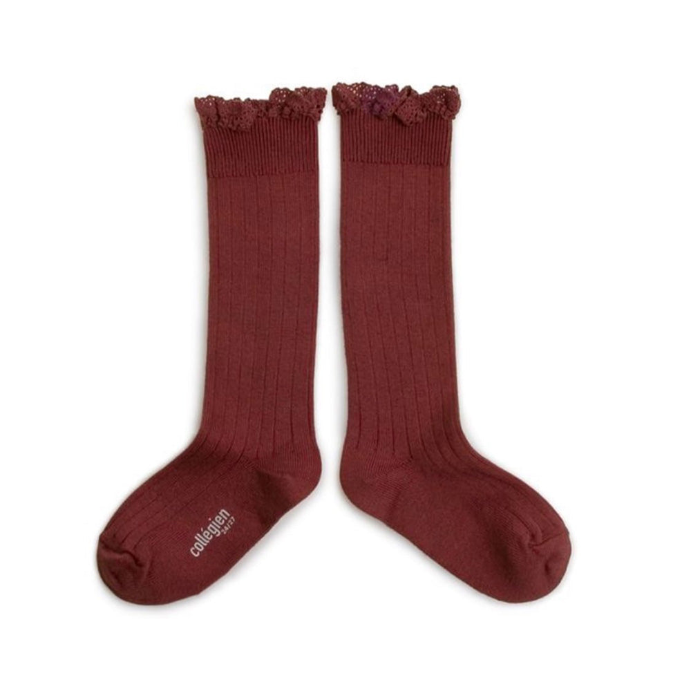 Collegien / Jos?phine Lace-Trim Ribbed Knee-high Socks - Ch?taigne