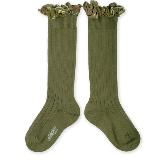 Collegien/Eglantine Chaussettes hautes avec volant brod? fleurs - Olive du Lub?ron