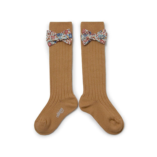 Collegien/Mathilde Ribbed Knee-high Socks with Liberty Bow - Caramel au Beurre Sal?