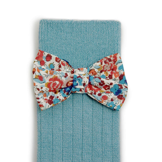 Collegien/Mathilde Ribbed Knee-high Socks with Liberty Bow - Bleu Azur