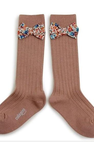 Collegien/Mathilde Ribbed Knee-high Socks with Liberty Bow -Praline de Lyon