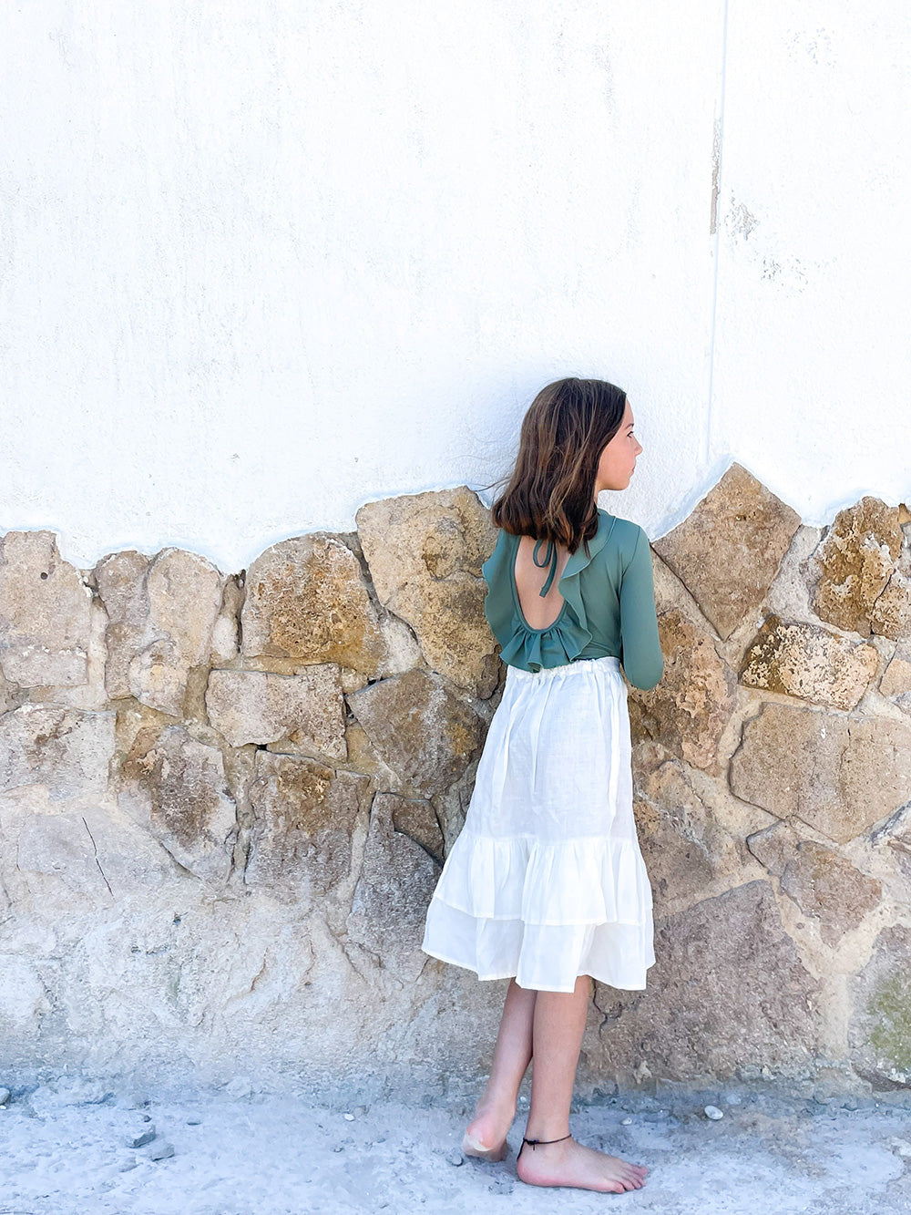 Casa blue swim / RAW WHITE LINEN MIDI SKIRT(4-5y,6-7y,8-9y)