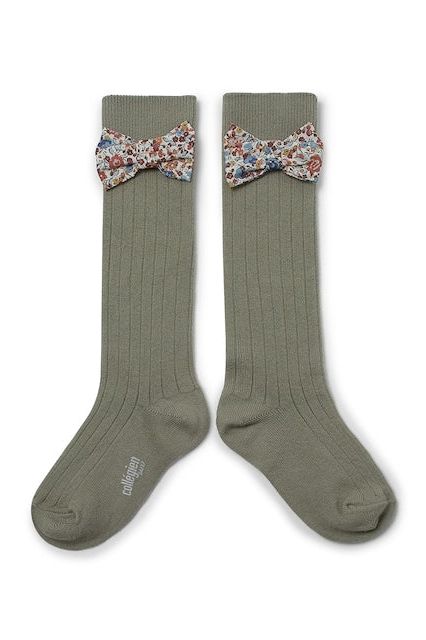 Collegien/Mathilde Ribbed Knee-high Socks with Liberty Bow - Sauge