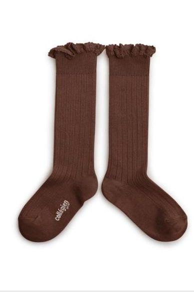 Collegien / Josephine Lace-Trim Ribbed Knee-high Socks - Chocolat au Lait