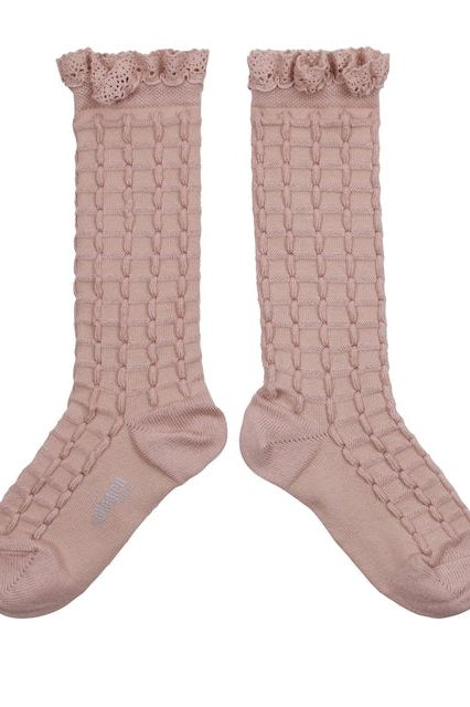 Collegien/Coralie - Textured Checked-knit Knee-high Socks with Lace Trim - Vieux Rose