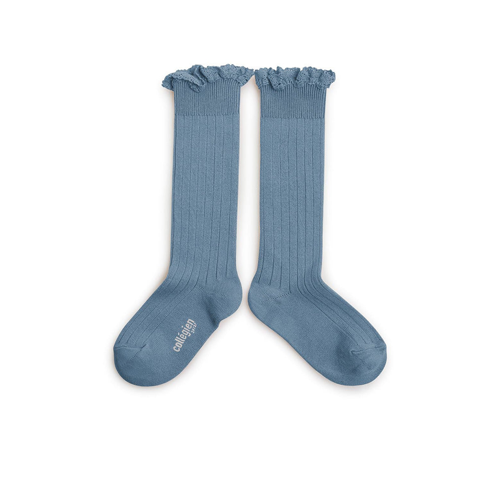 Collegien / Jos?phine Lace-Trim Ribbed Knee-high Socks - Bleu Azur