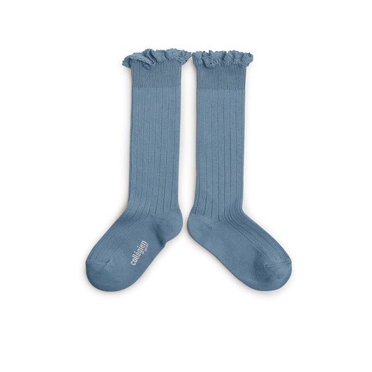 Collegien / Josephine Lace-Trim Ribbed Knee-high Socks - Bleu Azur