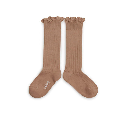 Collegien/Josephine Lace-Trim Ribbed Knee-high Socks - Petite Taupe